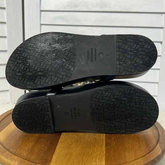 STUART WEITZMAN l Goldie Pearly Leather Flat Strap Sandal Black Leather Size 7 - Picture 12 of 15